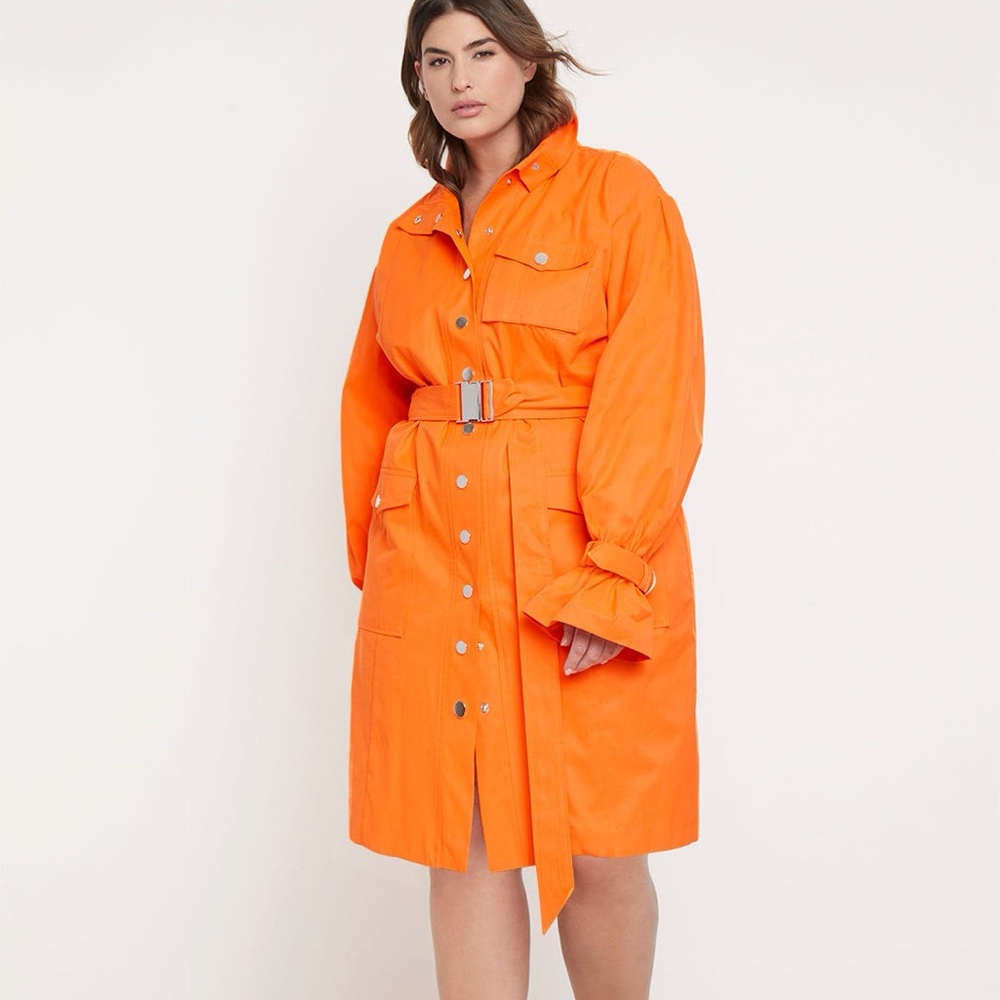 Priscilla Ono X Eloquii tangerine cargo dress with silvertone snaps and belt